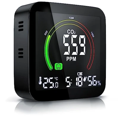Abbildung von Brandson Co2 Melder Messgerät Luftqualitätsprüfer, Kohlenstoffdioxid Sensor Messung PPM, Anzeige, Raumluft Lüftungsampfehlung Alarm, Wecker, Temperatur Thermometer, Luftfeuchtigkeit Hygrometer