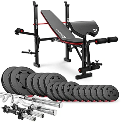 Abbildung von Hop Sport Hantelbank mit Gewichten HS 1055, klappbare Trainingsbank Curlpult, Butterfly und Beincurler Inkl. 38 kg 129,5 Hanteln Set