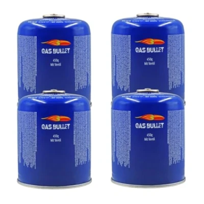 Abbildung von Gas Bullet ® Schraubkartusche 450g passend für Gaskocher, Gasgrills (speziell Weber) und alle Geräte mit 7/16“ Gewinde Ideal Camping/Outdoor/Notfälle (4 Kartuschen)