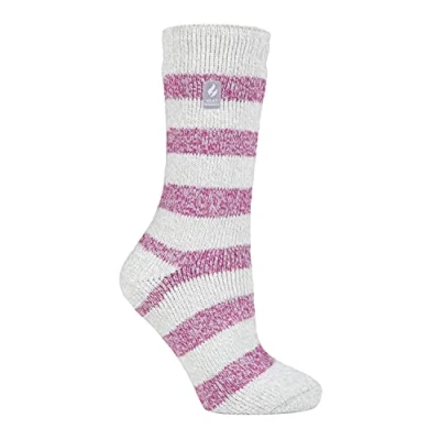Abbildung von HEAT HOLDERS Damen Extra Warm Innen Flauschig Thermosocken für Geschenk Socken Winter (37 42, Hellgrau/Berry (Chunky Stripe))