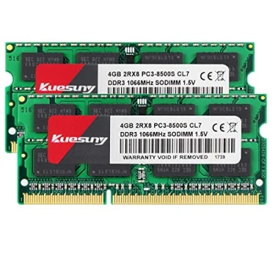 Abbildung von Kuesuny 8 GB Kit (2X4 GB) DDR3 1066 MHz / 1067 Sodimm Ram PC3 8500 8500S 1,5 V CL7 204 Pin 2RX8 Dual Rank Nicht ECC ungepufferter Speicher Ideal für Notebook Laptop Upgrade
