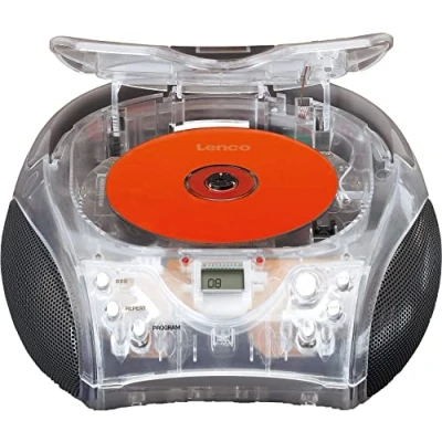 Abbildung von Lenco SCD 24 CD Player für Kinder Radio Stereoanlage Boombox UKW Radiotuner Titel Speicher 2 x 1,5 W RMS Leistung Netz und Batteriebetrieb Transparent, 24TR