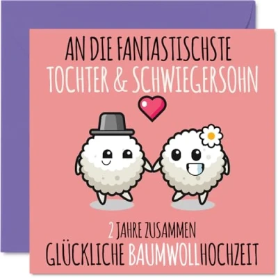 Abbildung von Stuff4 2. Hochzeitstag Karte Liebe 2 Jahre Zusammen Baumwoll Hochzeit Jahrestag Geschenke für Tochter Schwiegersohn vom Mama Papa, 145mm Glückwunschkarten