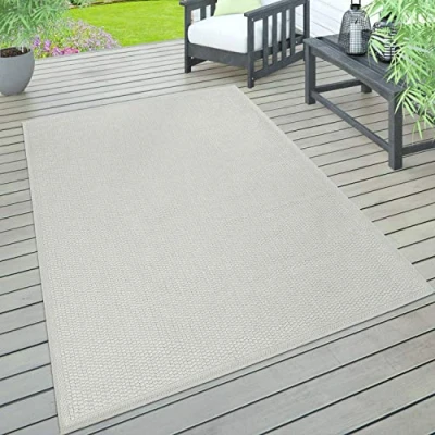 Abbildung von Paco Home Outdoor Teppich wetterfest für Garten, Terrasse &amp; Balkon flachgewebt in Moderner Sisaloptik einfarbig pflegeleicht UV beständig, Grösse:80x150 cm, Farbe:Elfenbein