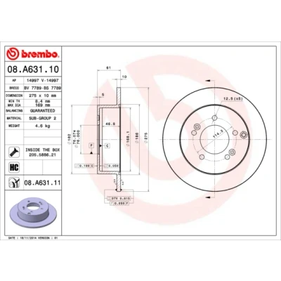 Abbildung von BREMBO COATED DISC LINE 08.A631.11 Bremsscheibe 275 10 5 voll beschichtet hochgekohlt mit Schrauben KIA: CARENS 3, 2