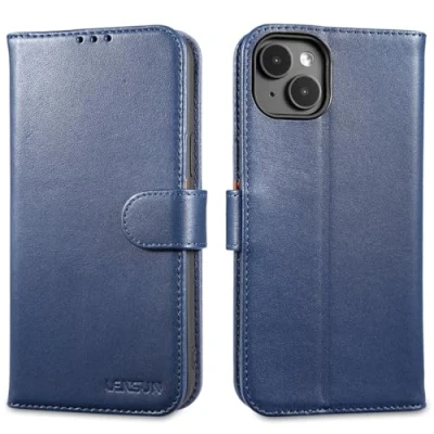 Abbildung von LENSUN Echtleder Hülle für iPhone 15 Plus, Handyhülle Echt Leder [Magnetverschluss][Kartenfach][RFID] Handytasche Klappbar Lederhülle Plus 5G Blau