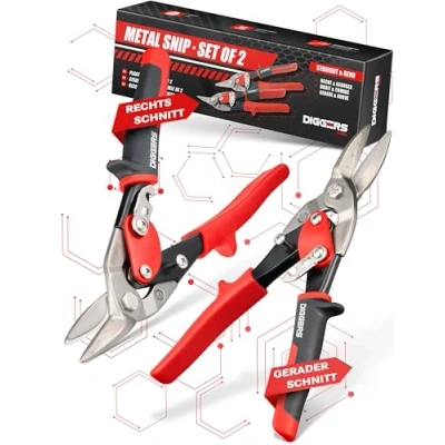 Abbildung von Diggers Tools Blechschere Set gerader &amp; rechter Schnitt [ Müheloser in Stahl Edelstahl ] Profi Metallschere mit Hebelübersetzung Trockenbau, Drahtschere für Drahtgitter