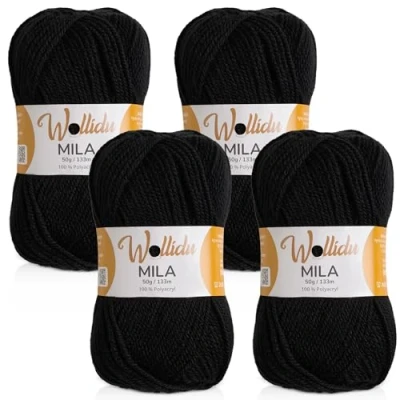 Abbildung von Wollidu Mila Garn zum Häkeln und Stricken 4 x 50g/133m Strickgarn 100% Polyacryl Häkelgarn Schwarz