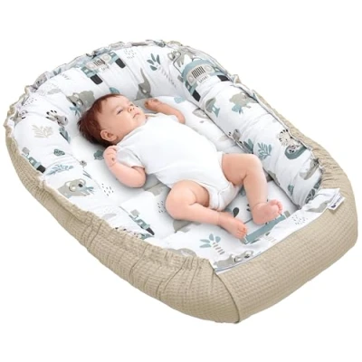 Abbildung von Medi Partners Babynest Kuschelnest Babynestchen 100% Baumwolle Waffle Nestchen Reisebett für Babys Säuglinge 100x60x15cm Sicherer Verschluss (‎Mint Zoo mit Grauer Waffel)