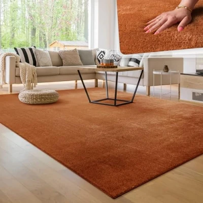 Abbildung von Paco Home Moderner Kuscheliger Wohnzimmer Teppich Kurzflor waschbar flauschig Weich Einfarbig Felloptik zeitlos stilvoll rutschfest pflegeleicht, Grösse:100x200 cm, Farbe:Kupfer