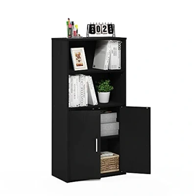 Abbildung von Furinno Pasir Bücherregal mit 2 Offenen Einlegeböden und Türen, Schwarze Eiche