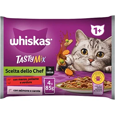 Abbildung von Whiskas Tasty Mix Nassfutter für Katzen, Erwachsene, Auswahl des Chefs in Sauce, Beutel, 13 x 4 85 g