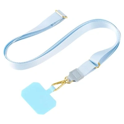 Abbildung von mtb more energy Universal Handykette SoftBand Hellblau Metallteile Farbe Gold kompatibel mit vielen Handyhüllen hochwertiges glänzendes Band zum Umhängen