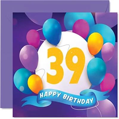 Abbildung von Geburtstagskarte zum 39. Geburtstag Männer und Frauen Ballon Party Happy Birthday Karten 39 Jahre alte Frau Bruder Schwester Mutter Vater Tante Onkel bester Freund Cousin 145 mm x