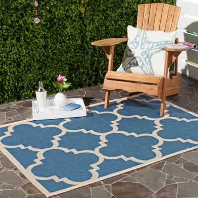 Abbildung von SAFAVIEH Spalier Teppich für Drinnen &amp; Draussen Courtyard Collection, Kurzer Flor, Blau und Beige, 122 X 170 cm