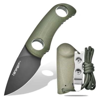 Abbildung von TONIFE Runer Feststehendes Neck Knife mit Scheide und Lanyard 4,7cm Full Tang Klinge EDC Messer für Outdoor (Grün+Graues Titan)