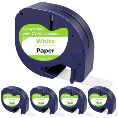 Abbildung von CNMTCCO Etikettenband für Dymo Letratag, 5er Pack kompatible mit 12mm x 4m, White Schriftband Funktioniert Letratag LT 100T 200B, 100H XR Schwarz auf Weiß