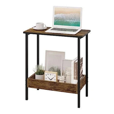 Abbildung von WOLTU Beistelltisch, Couchtisch mit 2 Ablagen, Konsolentisch Stauraum im Wohnzimmer, Wohnzimmertisch aus Metall Holzwerkstoff, Kleiner Sofatisch Schwarz dunkle Eiche, 50x55x25 cm, BTS03hov