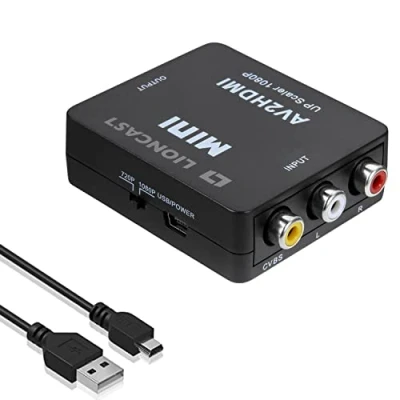 Abbildung von Lioncast RCA auf HDMI Adapter AV 2 Konverter zu Unterstützung 1080P mit USB Ladekabel Schutzhülle für PC/Nintendo/Xbox/PS4/PS3/TV/STB/VHS/VCR/Kamera/DVD(Schwarz)