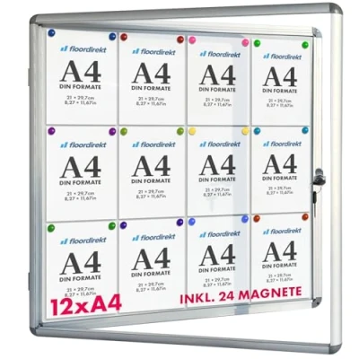 Abbildung von Floodirekt Schaukasten Wand 12 x DIN A4 Plakatschaukasten mit Alurahmen &amp; Acrylglas inkl. Magnete Infokasten Aushang Aushangkasten Magnetische beschreibbare Rückwand