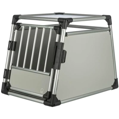 Abbildung von TRIXIE Hunde Transportbox Aluminium in silber M: 55 x 62 73 cm, stabile und geräuscharme Hundebox mit abgeschrägten Seiten, Sicherheitsverschluss &amp; rutschfester Liegematte 39342