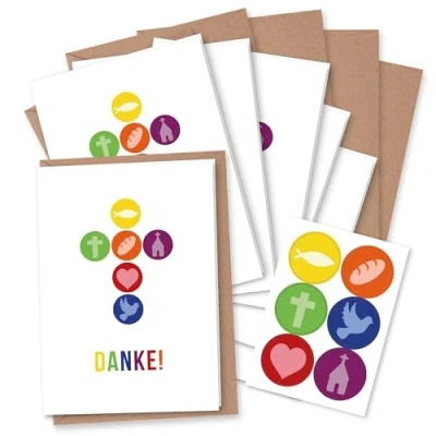 Abbildung von Papierdrachen 6 Dankeskarten für christliche Feste wie Taufe, Kommunion, Konfirmation, Firmung Motiv Kreuz Klappkarten mit Umschlag und passenden Stickern DIN A6 Set 8