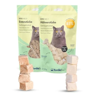Abbildung von RumbleBox Gefriergetrocknete Katzensnacks Snackfreunde Sparbox mit 100 % Hühner &amp; Entenbrust in kleinen Stücken natürliche Cat Treats Katzenleckerlis ohne Getreide und Zucker 2x50 g