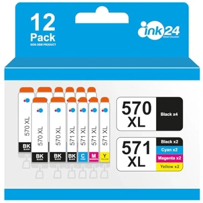 Abbildung von 12 Ink24 XL Tintenpatronen kompatibel zu PGI 570 und CLI 571 für Canon Pixma MG5750, MG6850, TS5050, TS5055, TS6050,