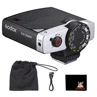 Abbildung von Godox Lux Junior Mini Retro Kamerablitz, GN12 @ ISO100 Automatischer/Manueller Blitzmodus 7 Stopp Blitzleistung 6000K ± 200K Farbtemperatur, Geeignet für Fujifilm, Canon, Nikon, Olympus, Sony Kameras
