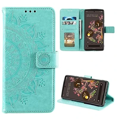 Abbildung von CoverKingz Handy Hülle kompatibel mit Google Pixel 6 Handyhülle Kartenfach Bookcover Case Tasche klappbar Motiv Mandala Grün
