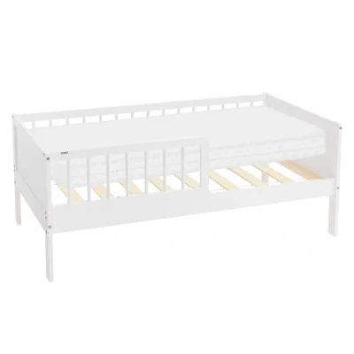 Abbildung von ML Design Kinderbett 70x140 cm mit Matratze, Weiß, Einzelbett für Kinder Lattenrost und Rausfallschutz, Jugendbett aus Kiefernholz, Holzbett, Bettgestell Jungen &amp; Mädchen, Massivholz Babybett