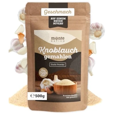 Abbildung von Knoblauch Pulver Monte Nativo (500 g) fein Knoblauchpulver zum Kochen aromatisch, rein und schonend getrocknet Gewürzpulver Knoblauchgranulat ohne Zusätze Garlic powder (Allium Sativum)