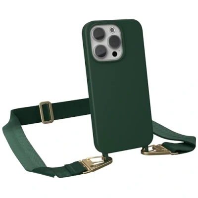 Abbildung von EAZY CASE Handykette mit Band kompatibel iPhone 15 Pro dünne Handyhülle für Hülle Silikon stoßfester Fallschutz Kette zum Umhängen in Pinien Grün Clips Gold