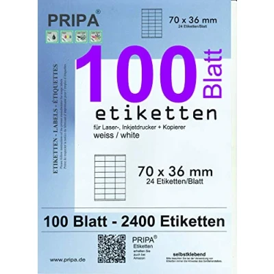 Abbildung von pripa Amazon FBA Versand Etiketten 70 x 36 mm 24 Stueck auf A4 100 Blatt DIN selbstklebende DHL Post