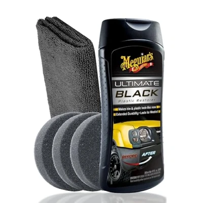 Abbildung von Auto Kunststoff Auffrischer Set für Innen und Außen Meguiar&#039;s Ultimate Black Plastic Restorer + 3x Applikator Pad Poliertuch Kunststoffpflege neuen Glanz mit UV Schutz