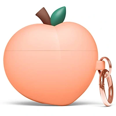 Abbildung von elago Peach Hülle Kompatibel mit AirPods 3 Case Niedliches 3D Pfirsich Design Schlüsselanhänger, unterstützt drahtloses Laden, voller Schutz, Robustes Silikon, großer Fallschutz (Pfirsich)