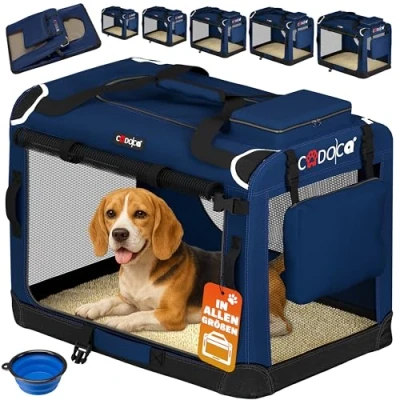 Abbildung von CADOCA® Hundebox faltbar Transportbox L 70x52x50cm robust atmungsaktiv Transporttasche Auto Rückbank Haustiertransportbox Hundetragetasche Navyblau