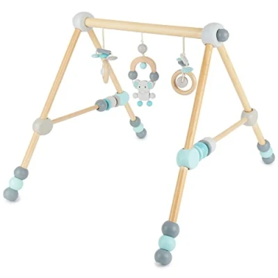 Abbildung von Bieco Baby Gym Spieltrapez Spielbogen für Babys Figuren, Rasseln, Kugeln Höhenverstellbar Spielebogen Holz Mobile Activity Center Holzspielzeug