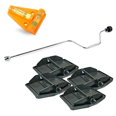 Abbildung von Hypercamp Maxi Foot Stützplatten Set 4 Stück zur Sicherung der Kurbelstütze inkl Handkurbel und Kreuz Wasserwaage für Wohnmobil oder Wohnwagen