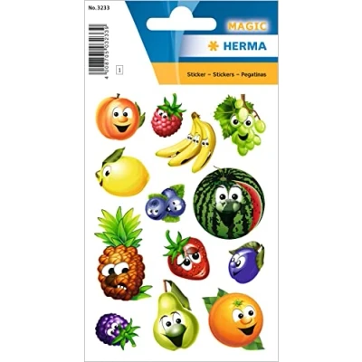 Abbildung von HERMA 3233 Aufkleber Früchte klein, 13 Stück, Wackelaugen Sticker mit Ananas Melone Banane Kürbis Zitrone Pflaume Erdbeere Orange Trauben Himbeere Birne Blaubeere Motiv, Kinder Etiketten Gesichter