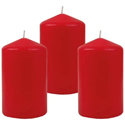 Abbildung von HS Candle Wachskerzen (3er Pack) Rot Stumpenkerzen Ø6cm x 10cm Kerze in vielen Farben, Lange Brenndauer Hergestellt EU Kerzen Blockkerzen
