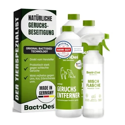 Abbildung von BactoDes Animal Geruchsneutralisierer 3L Konzentrat mit Spray Mischflasche Starker Enzymreiniger Katzenurin, Hundeurin &amp; Tiergerüche Effektiver Geruchsentferner Bio Mikroben Wirkung