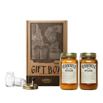 Abbildung von 2er Likör Geschenkbox O&#039;Donnell Moonshine Premium Schnaps nach amerikanischer Tradition vegan Geschenkset natürliche Zutaten (Harte Nuss/Toffee)