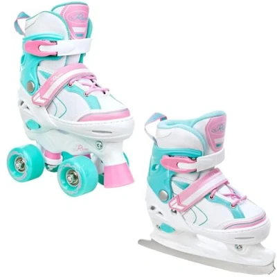 Abbildung von Eiskunstlauf Schlittschuhe 2in1 Einstellbare Räder LED Lia Weiß/Mint/Rosa