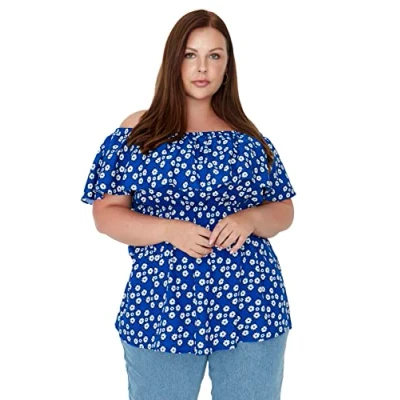 Abbildung von Trendyol Damen Bluse, Übergröße, Normale Schulterfrei, Carmen Kragen, Gewebt, Übergröße Hemd, Blau, 44 Große Größen EU