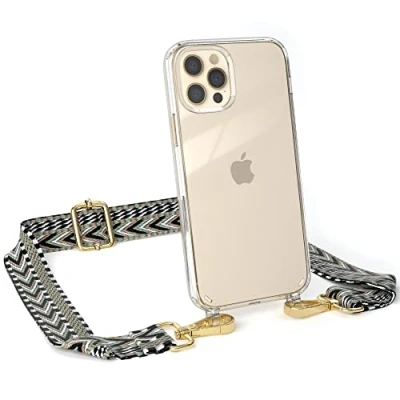 Abbildung von EAZY CASE Handykette Verstellbarer Trageriemen kompatibel mit iPhone 12/12 Pro, Schulterriemen, schmales Band, Handykordel, Riemen für Handyketten, Grün/Schwarz Metall Gold
