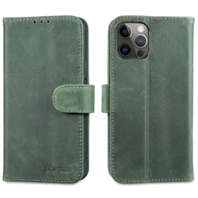 Abbildung von LENSUN Lederhülle für iPhone 12, 12 Pro Echtleder Handyhülle [Standfunktion][Kartenfächer][Echtes Leder] Hülle Handytasche 12/12 Retro Grün
