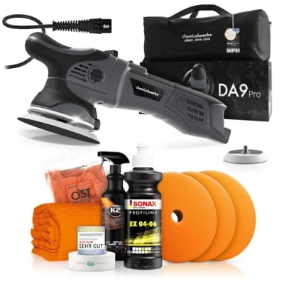 Abbildung von Poliermaschinen Set: chemicalworkz DA9 Pro Exzenter Poliermaschine + Sonax One Step Politur Royal Pads Polierpads Zubehör Auto Lack Politur, Kratzer entfernen, Aufbereitung 8 teilig