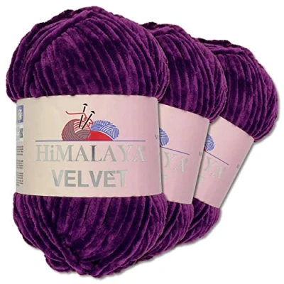 Abbildung von Wohnkult Himalaya 3 x 100 g Velvet Dolphin Wolle 40 Farben zur Auswahl Chenille Strickgarn Flauschwolle Glanz Accessoire Kleidung Decken (90028 Lila)