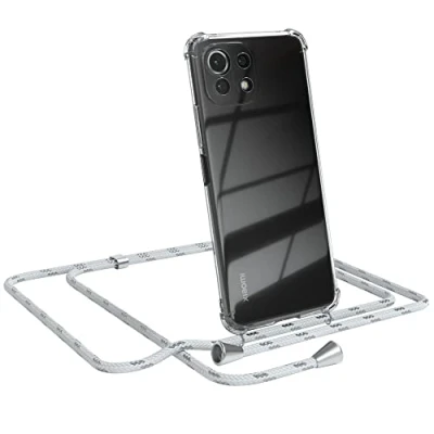 Abbildung von EAZY CASE Handykette kompatibel mit Xiaomi Mi 11 Lite/Mi Lite 5G / NE Handyhülle Umhängeband, Handykordel Schutzhülle, Silikonhülle Band, Stylische Kette, Weiß/Silber